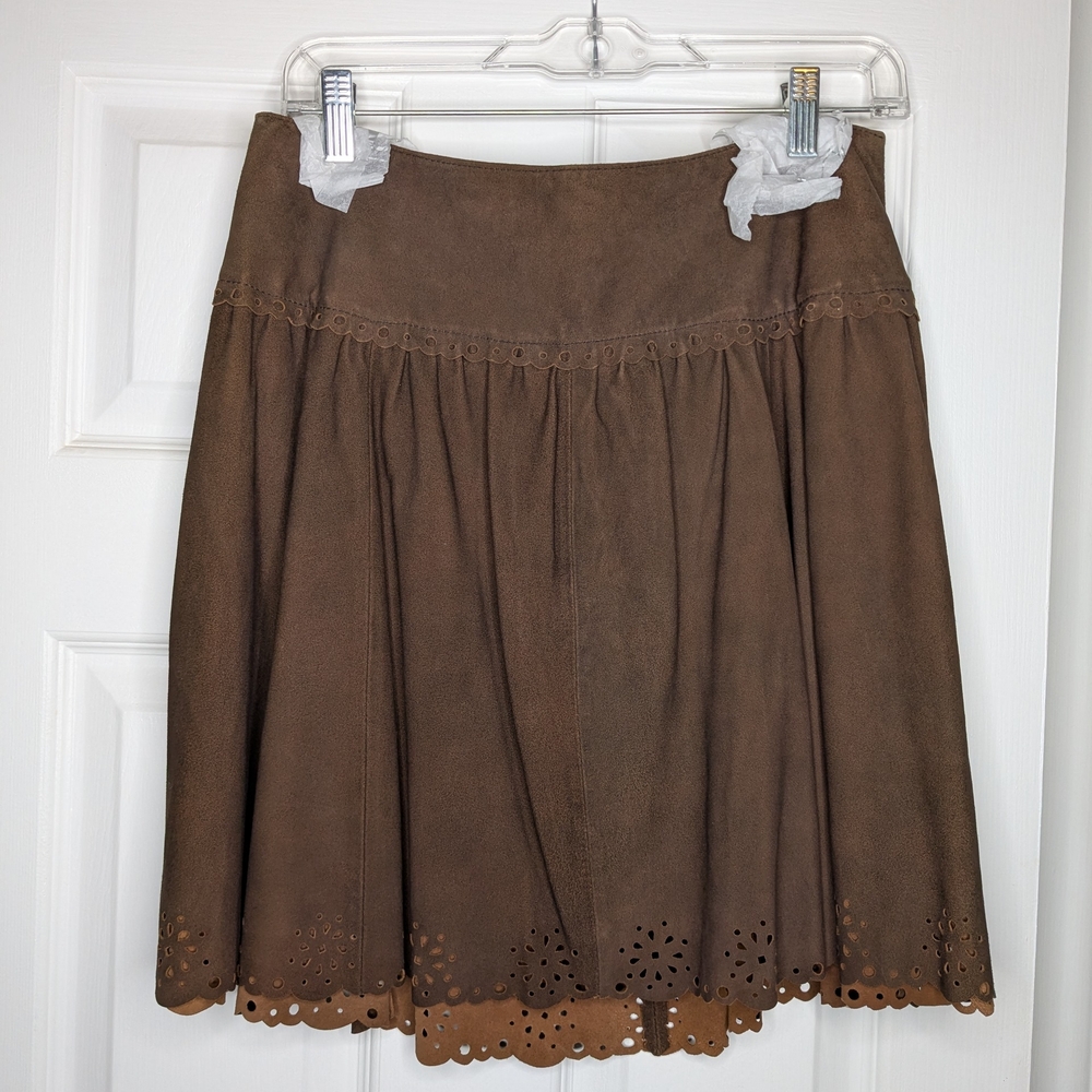Peruvian Connection Brown Suede Scallop-Hem A-Line Smocked Skirt sz 6